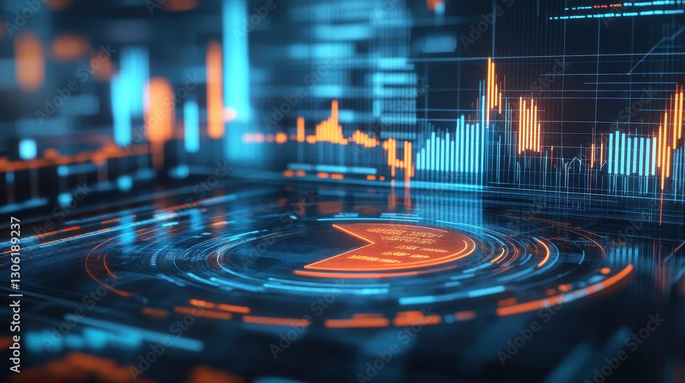 Poster abstract digital financial chart and pie graph on a futuristic background with a blue glow