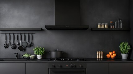 Modern black kitchen, range hood, minimalist design, cooking utensils, dark wall