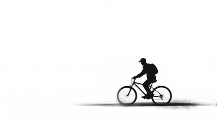 Fototapeta premium Silhouette of man riding bicycle, minimalist black and white.