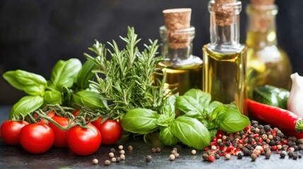 Fresh herbs, oil, spices, dark background, food recipe