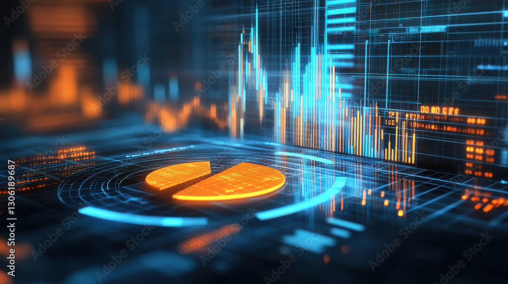Poster abstract digital financial chart and pie graph on a futuristic background with a blue glow