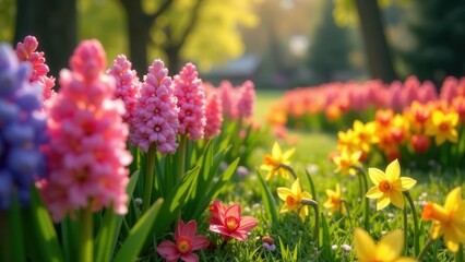 Obraz premium Vibrant Springtime Garden with Pink and Yellow Flowers Blooming in Sunny Meadow