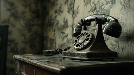 Dusty antique phone sits on desk in decaying room
