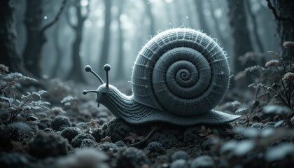 Enormous Snail Crawls Through a Mystical Dark Forest A 3D Rendered Image