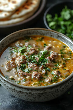 Authentic Libyan Bazin Soup with Meat and Pearl Barley in a Rustic Bowl