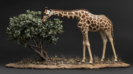 Obraz premium Giraffe eating leaves, savanna diorama, studio shot, wildlife art