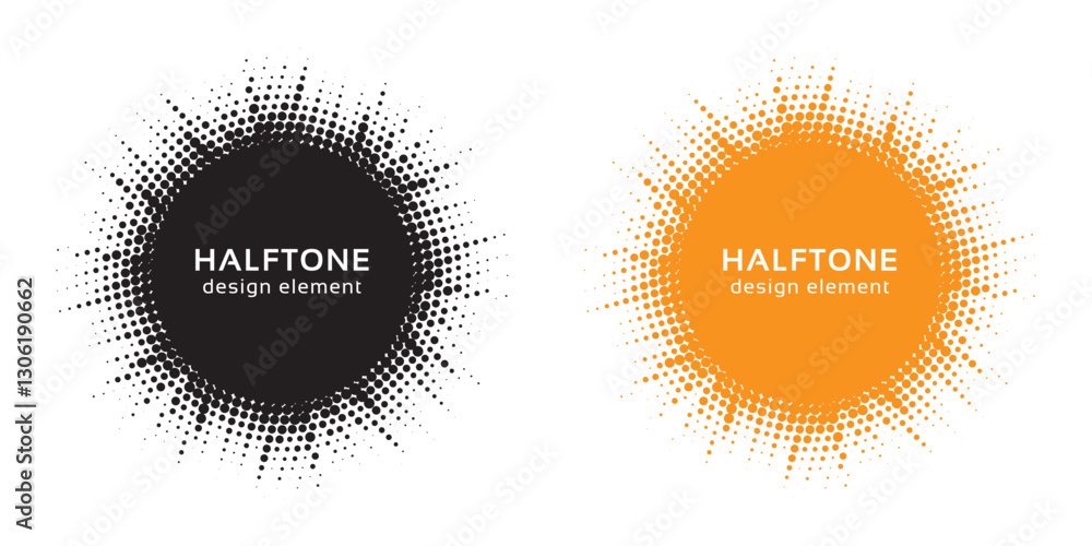 Poster Set of black halftone grunge circle. Vector modern dots halftone arts. Halftone circle frame background set. Round border Icon using halftone random circle. Grunge circular stain. Vector illustration.