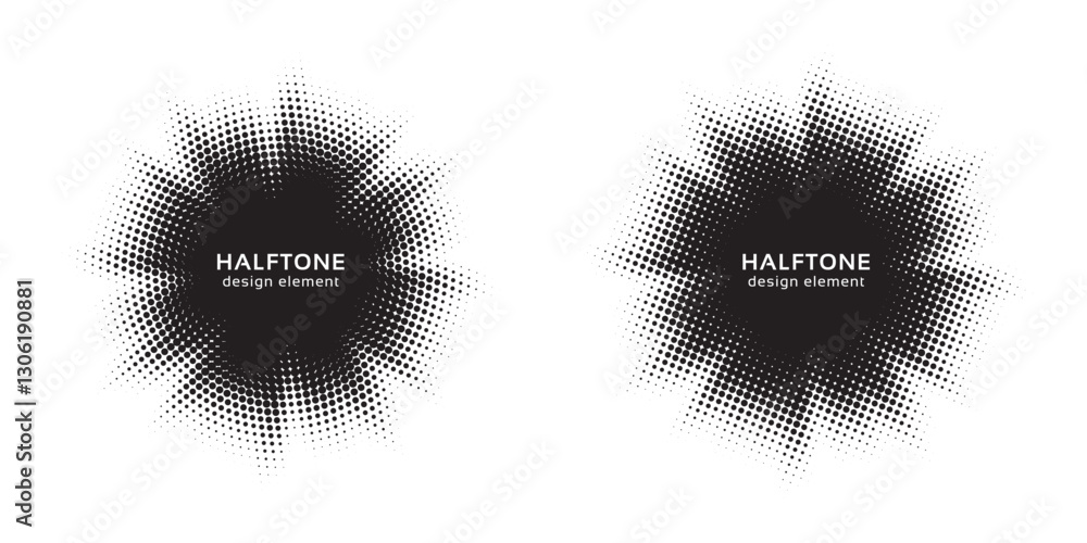 Aufkleber Set of black halftone grunge circle. Vector modern dots halftone arts. Halftone circle frame background set. Round border Icon using halftone random circle. Grunge circular stain. Vector illustration.