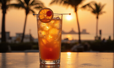 A close-up shot of a cocktail glass on a beach bar at sunset, garnished with an orange slice and cherry.