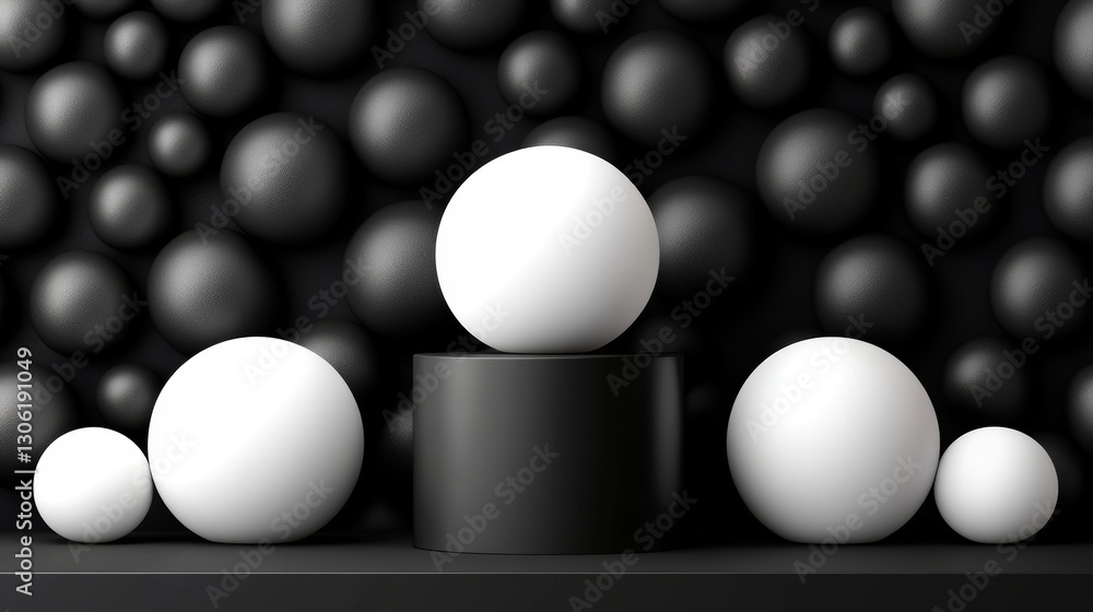 Poster a tiered white platform with floating orbs for display