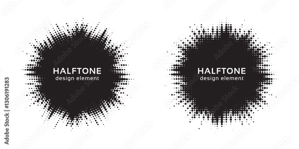 Aufkleber Set of black halftone grunge circle. Vector modern dots halftone arts. Halftone circle frame background set. Round border Icon using halftone random circle. Grunge circular stain. Vector illustration.