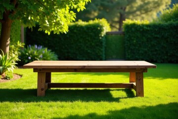 Naklejka premium Rustic wooden table on lush green lawn in a serene garden setting