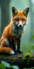 Obraz premium A cunning fox with striking emerald eyes, perched atop a moss-covered log in a misty forest, embodying the essence of shrewdness and intelligence.