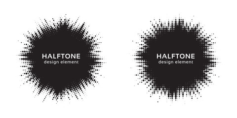Set of black halftone grunge circle. Vector modern dots halftone arts. Halftone circle frame background set. Round border Icon using halftone random circle. Grunge circular stain. Vector illustration.