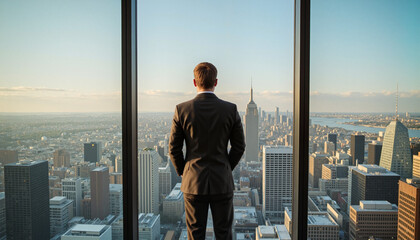 Fototapeta premium Businessman gazing at vast city view from high-rise skyscraper window, symbolizing ambition and investment