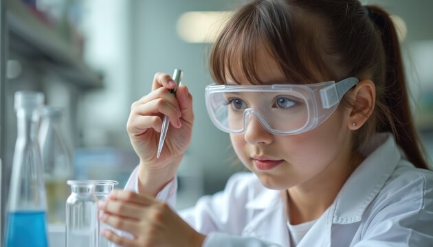 Girl uses plastic pipette to add liquid into test tube in lab. She learns science, chemistry, does experiment. Student in safety glasses studies scientific research. Education.