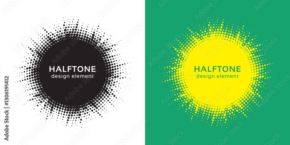 Aufkleber Set of black halftone grunge circle. Vector modern dots halftone arts. Halftone circle frame background set. Round border Icon using halftone random circle. Grunge circular stain. Vector illustration.