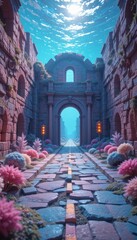 Surreal Underwater Cityscape Stone Archway Path with Vibrant Flora and Traffic Lights