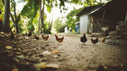 Chickens stroll rural path, rustic shed background, farm life