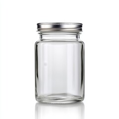 Empty glass jar on white background