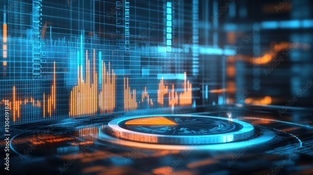 Poster abstract digital financial chart and pie graph on a futuristic background with a blue glow