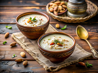 Tasty bowls of creamy white kheer, rice and milk with pistachio. Delicious food background