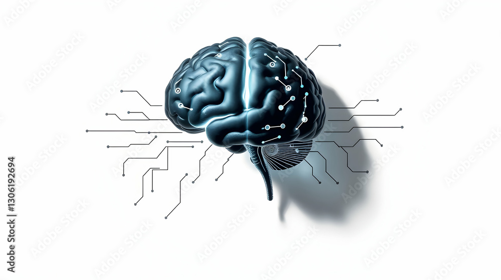 Poster a 3d rendering of a dark brain with glowing lines against a white background, symbolizing technology