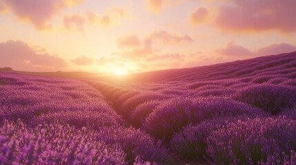 Obraz premium Sunset over purple lavender field, hills, peaceful sky; travel, serenity