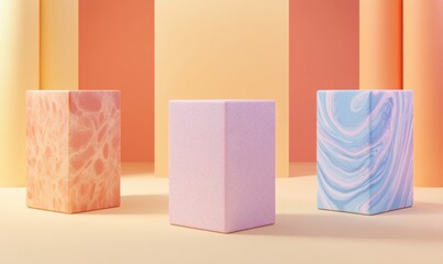 Three textured cubes on a pastel backdrop for product display