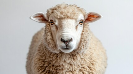 Sheep with a white face and brown ears grazing in a green pasture under a clear blue sky