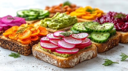 Delicious Variety of Colorful Vegetable Toasts Avocado Radishes Carrots Beetroot Cucumber More