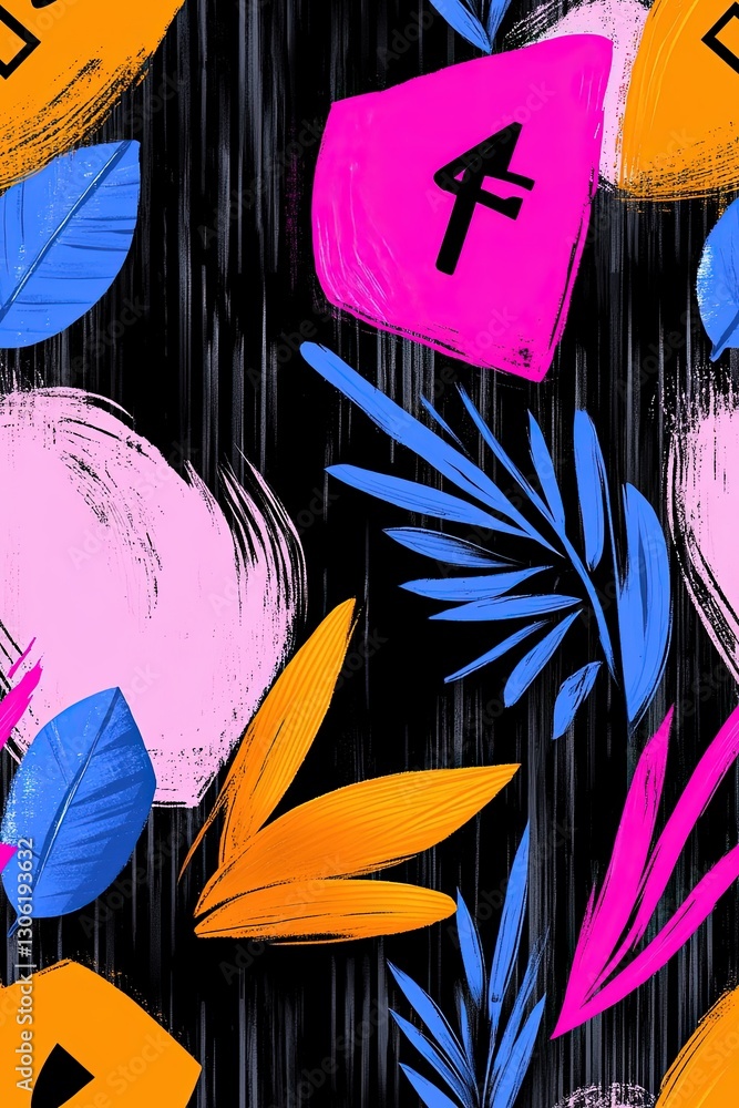 Aufkleber abstract pattern design with colorful shapes and tropical leaves on a black background