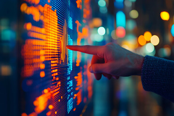 Businessman analyzing stock market data on a digital interface screen