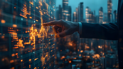 Businessman Analyzing Financial Data on a Virtual Screen Interface