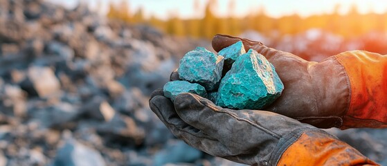 Miner holding turquoise ore, quarry backdrop