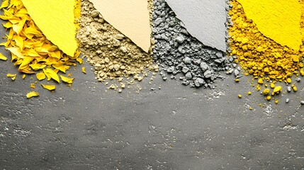 Vibrant Yellow and Gray Color Palette with Decorative Texture and Fine Powder on Grey Background for Art and Design