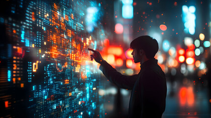 Businessman interacting with financial data on an advanced interface