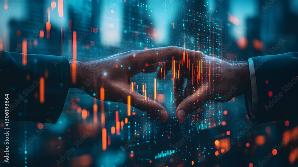 Poster businessman analyzing financial data on a virtual interface with a graph representing market trends 