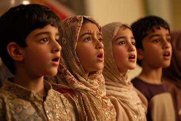 A group of siblings learns an old Ramadan song from their grandmother. Their voices blend in harmony as they sing together.