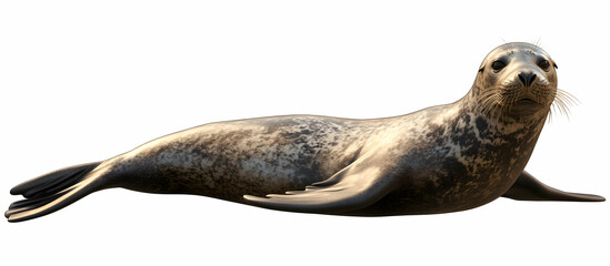Captivating close-up of a harbor seal resting peacefully on a white background
