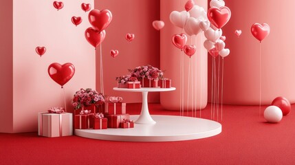 Valentine's Day gifts, heart balloons, red studio, romantic background, product display
