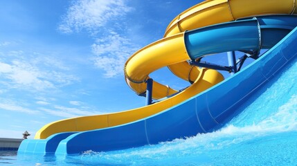 Waterpark spiral slide, sunny day, blue sky, pool splash, summer fun