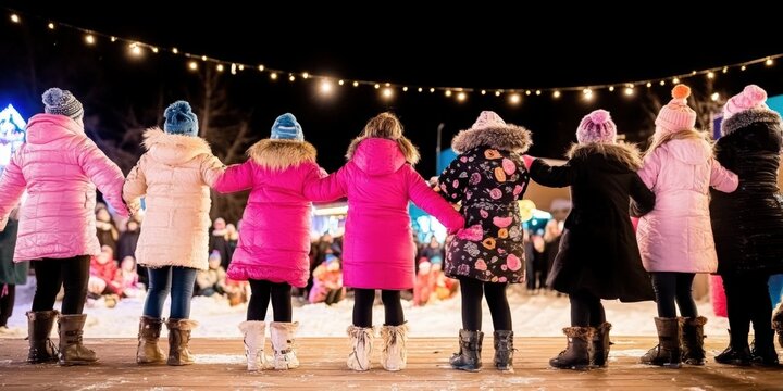 A Joyful Group of Children Gathered in Matching Winter Coats Under Twinkling Lights During a Festive Outdoor Celebration. - Powered by Adobe