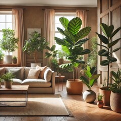 Fototapeta premium Cozy living room filled with lush potted plants, wooden furniture, and soft natural light. Modern interior design with a boho-inspired indoor garden.
