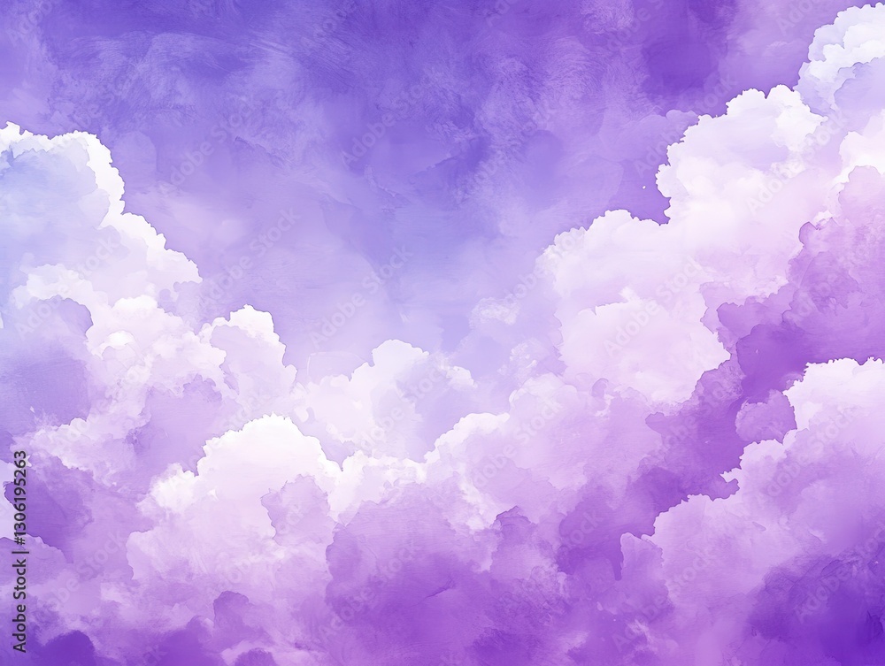 Poster beautiful purple and white fluffy clouds in a soft gradient sky, creating a serene and dreamy atmosp