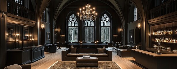 Obraz premium Elegant interior of a modern gothic-style lounge with rich textures and ambient lighting.