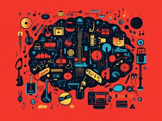 A lively vector illustration of a brain made from musical elements