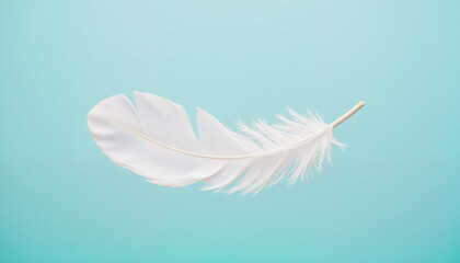 Obraz premium Single white feather floating above a soft blue background, symbolizing calmness and stress relief for Stress Awareness Month creative banner
