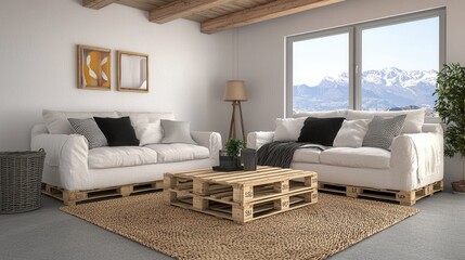 Modern Living Room with Pallet Furniture and Scenic Mountain View