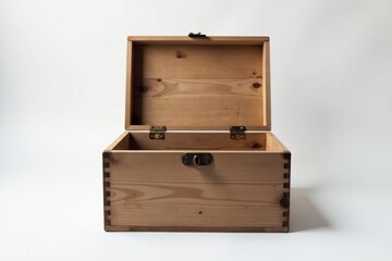 A simple, empty wooden box with a hinged lid and a small metal clasp, ready for your treasures or keepsakes.